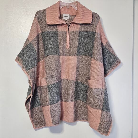 Cozy Anthropologie Poncho Sweater Open Sides - Pink & Gray Colorblock Plaid M/L - Picture 3 of 10